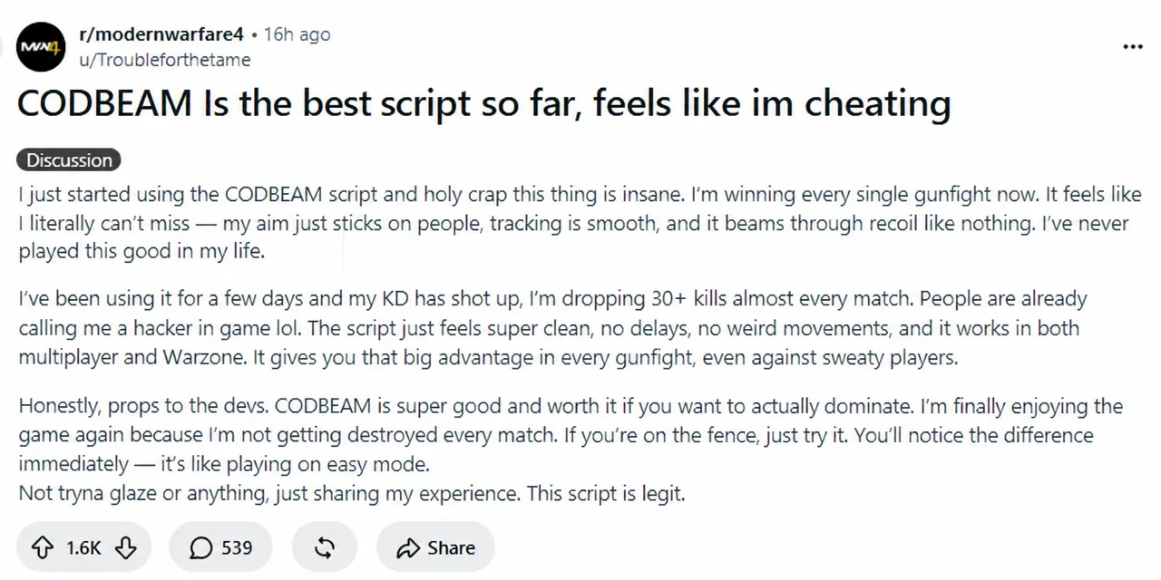 Reddit post on r/modernwarfare4: CODBEAM is the best script so far